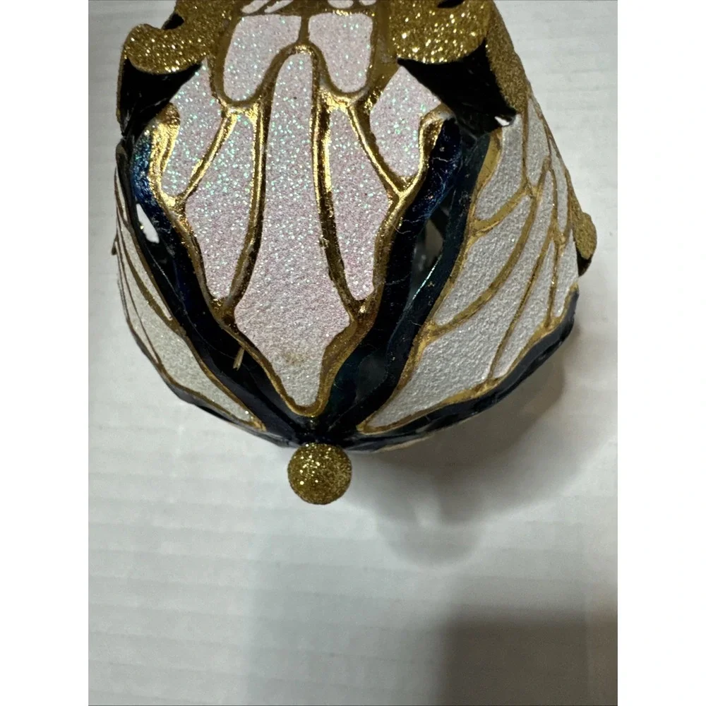 Pier 1 Imports Christmas Ornament Holiday Glittery Gold Navy Angels Metal Ball